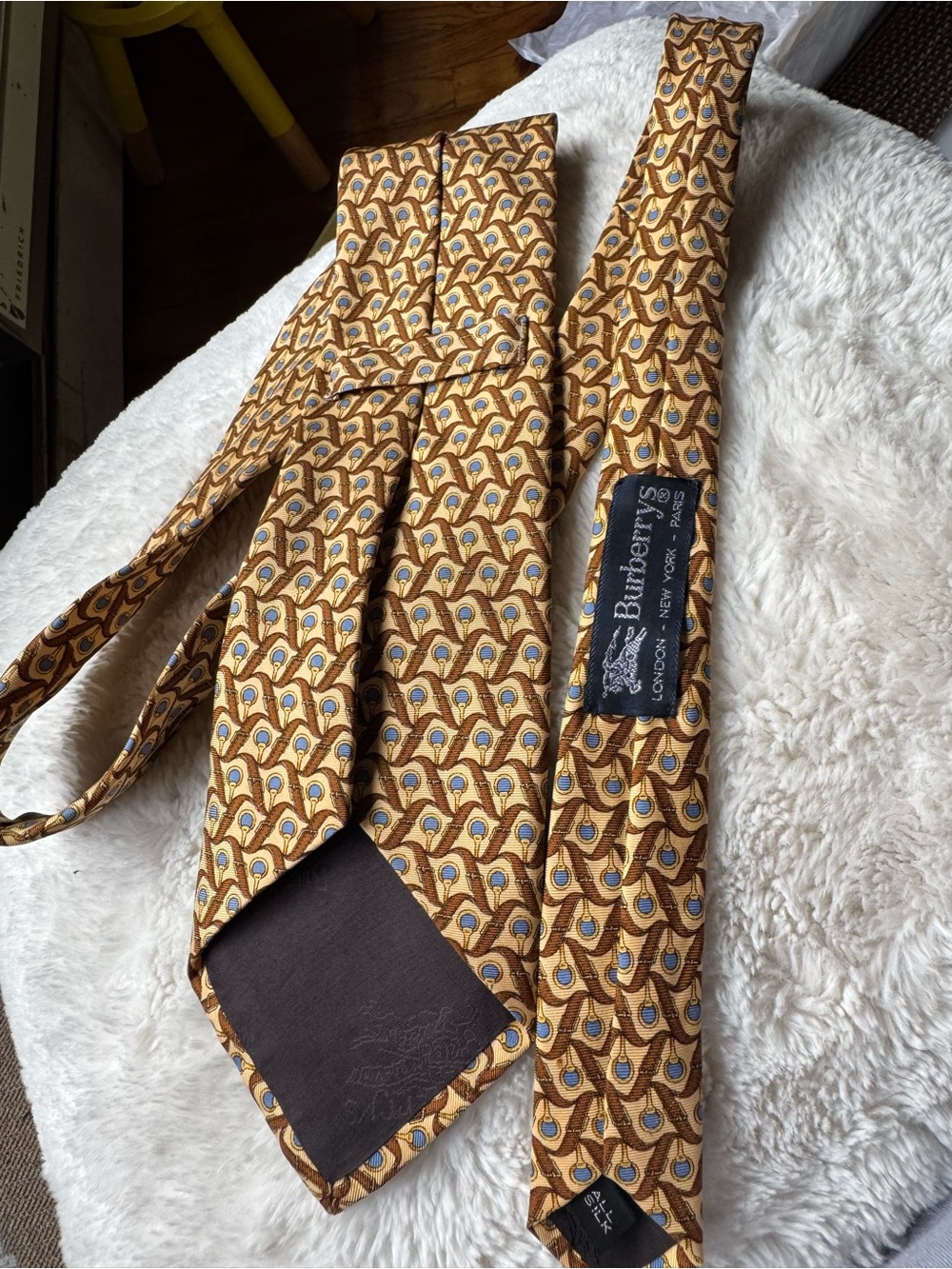 Burberry Gold Patterned Silk Tie with Light Blue Accents